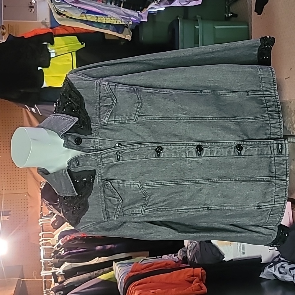 Chico’s Lace Detail Sequined Stone Gray Wash Denim Jacket